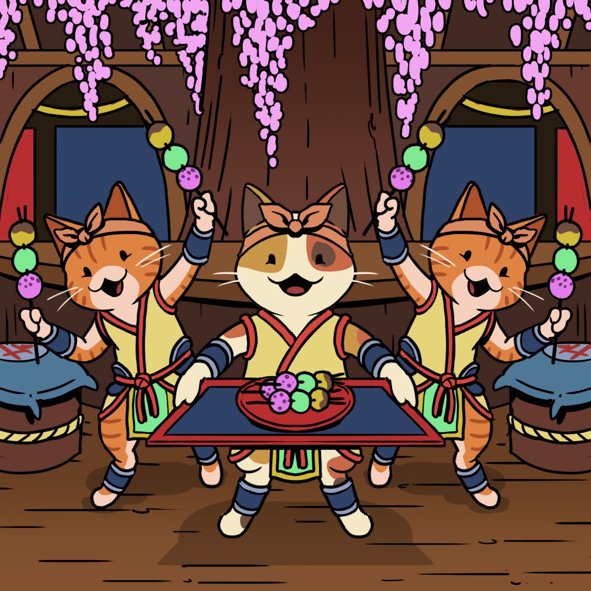 Excited samurai cats holding up treats.